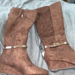 East 5th Brown Suede Wedge Knee Boots with Buckle Strap